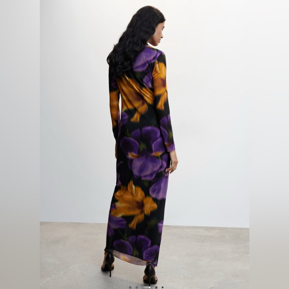 Mango Black Maxi Dress Floral High Neck Bodycon Dress - Picture 6 of 7